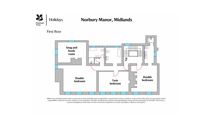 The first floor plan of Norbury Manor, showing a double bedroom with en-suite shower room, a double bedroom with sitting room, a twin bedroom and two bathrooms